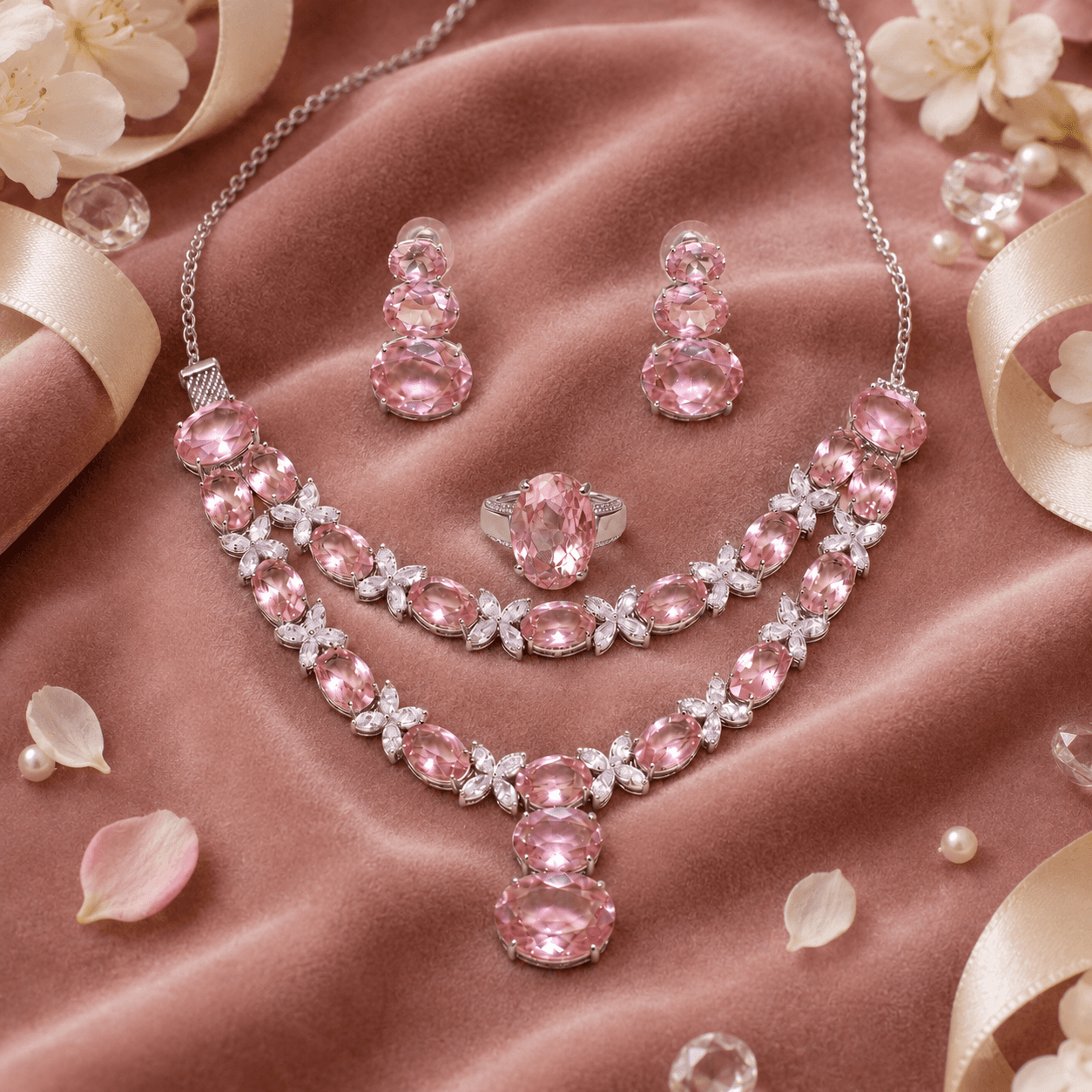 Emerald Bloom Ensemble Jewelry Set - Pink